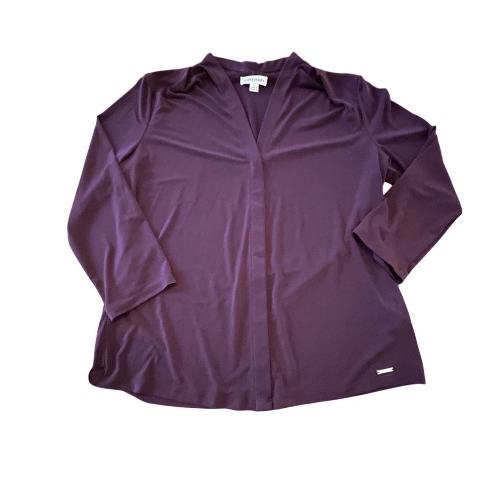 Calvin Klein Womens Plum Purple V-Neck 3/4 Sleeve Blouse Top Size Large